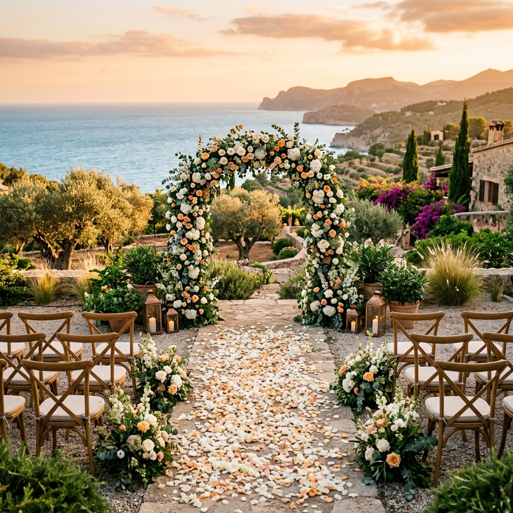 Ceremonia al atardecer en jardín mediterráneo
