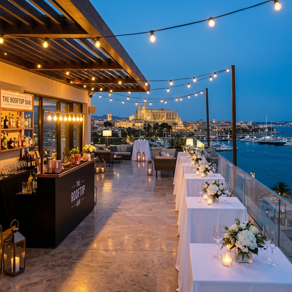 Cóctel corporativo en rooftop con vistas al mar